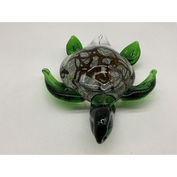 Italian Art Glass Sea Turtle Green Marbled Paperweight Gold Brown Marine - Picture 7 of 16